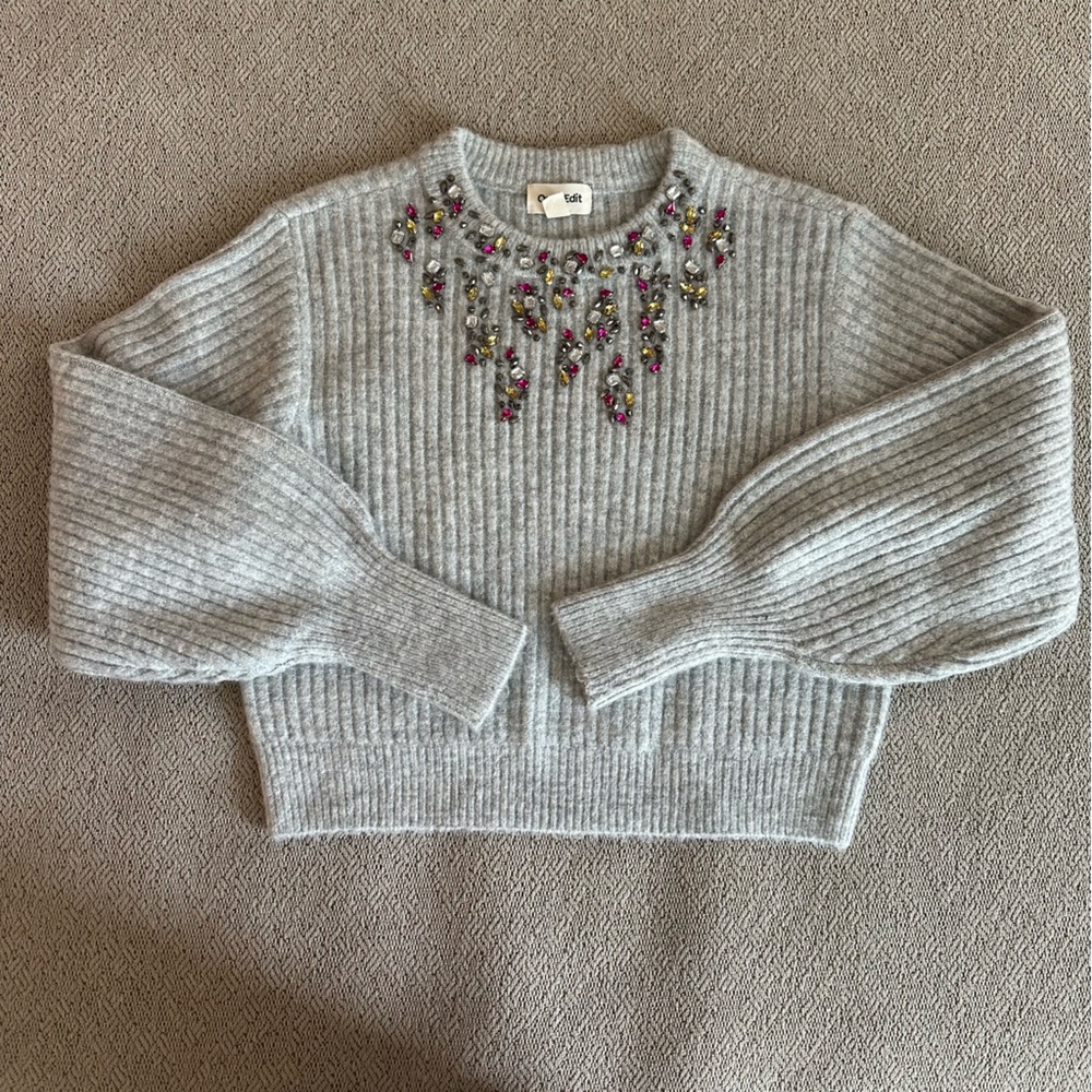 Open Edit Embellished Grey Sweater - Size XXS